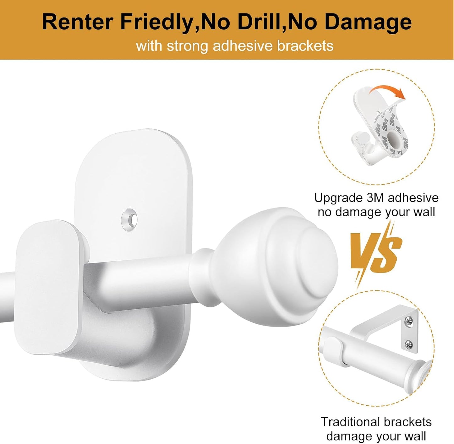 KAMANINA Curtain Rods No Drilling for Windows 32 to 86 Inches White | 5/8 Inch Diameter, Renter Friendly, Adjustable Curtain Rod for Door, 3M Adhesive Bracket No Drill, No Screw, Easy Install