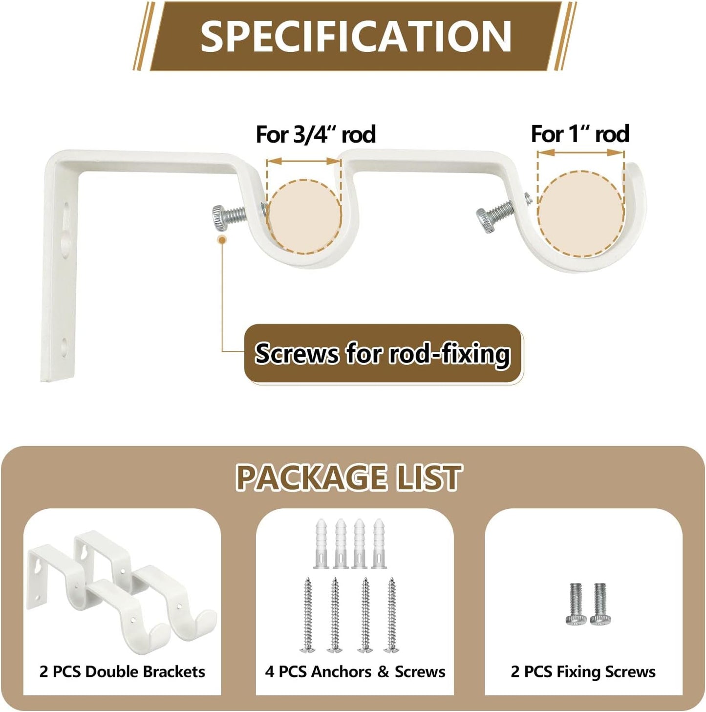 KAMANINA Heavy Duty Double Curtain Rod Bracket for 1 and 3/4 Inch Curtain Rods, Double Curtains Rods Holder, Set of 2, Ivory White
