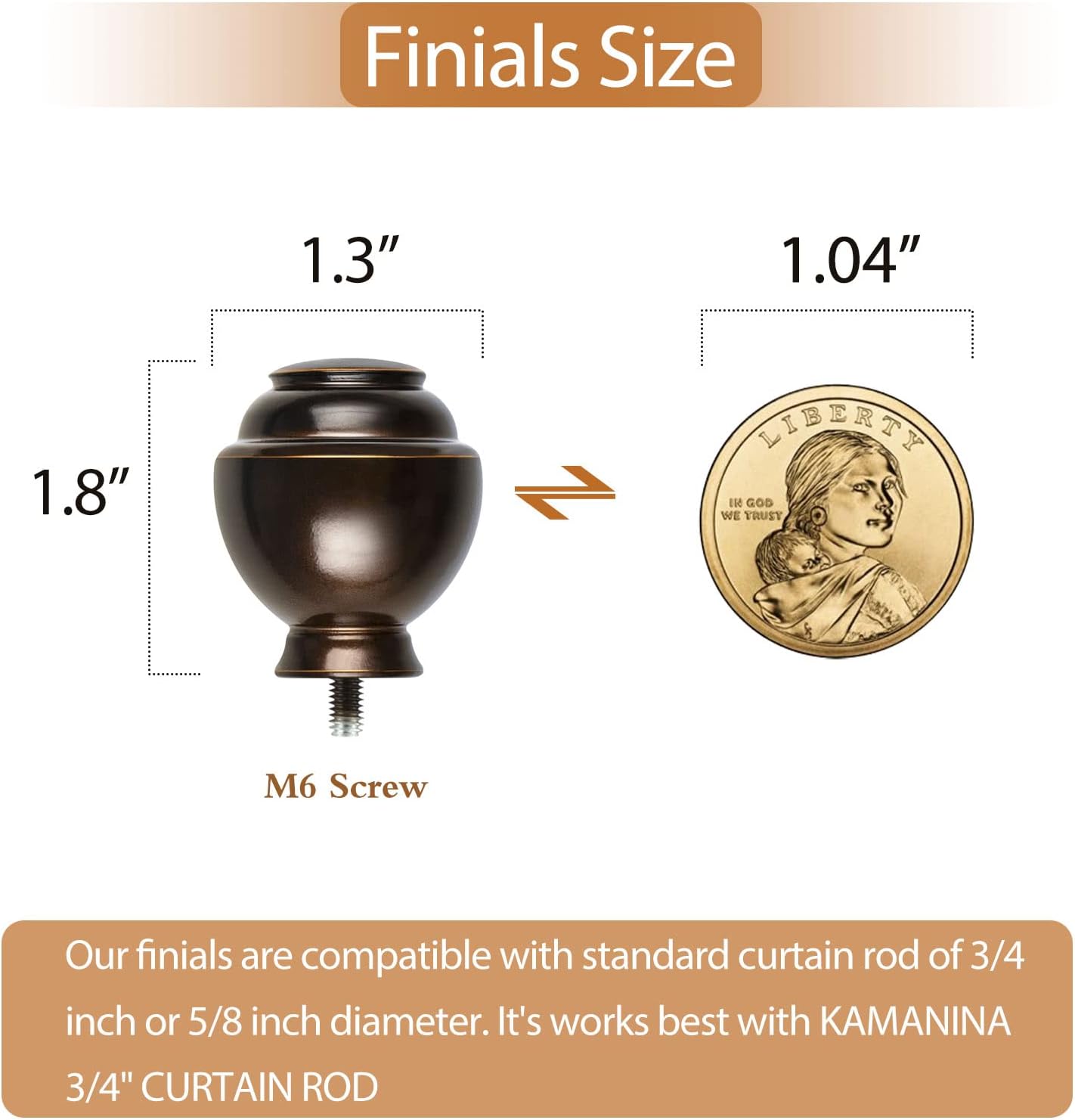 KAMANINA Round Replacement Finials for 3/4 or 5/8 Inch Curtain Rods, Antique Bronze Drapery Rod Finials with M6 Standard Screws, Set of 2