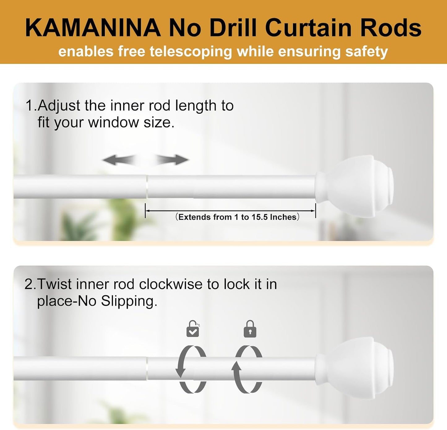 KAMANINA Curtain Rods No Drilling for Windows 32 to 86 Inches White | 5/8 Inch Diameter, Renter Friendly, Adjustable Curtain Rod for Door, 3M Adhesive Bracket No Drill, No Screw, Easy Install