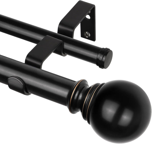 KAMANINA 1 Inch Double Curtain Rod 72 to 144 Inches(6-12 Feet), Black Telescoping Curtain Rods for Windows 66 to 120 Inches, Heavy Duty Drapery Rod with Round Finials