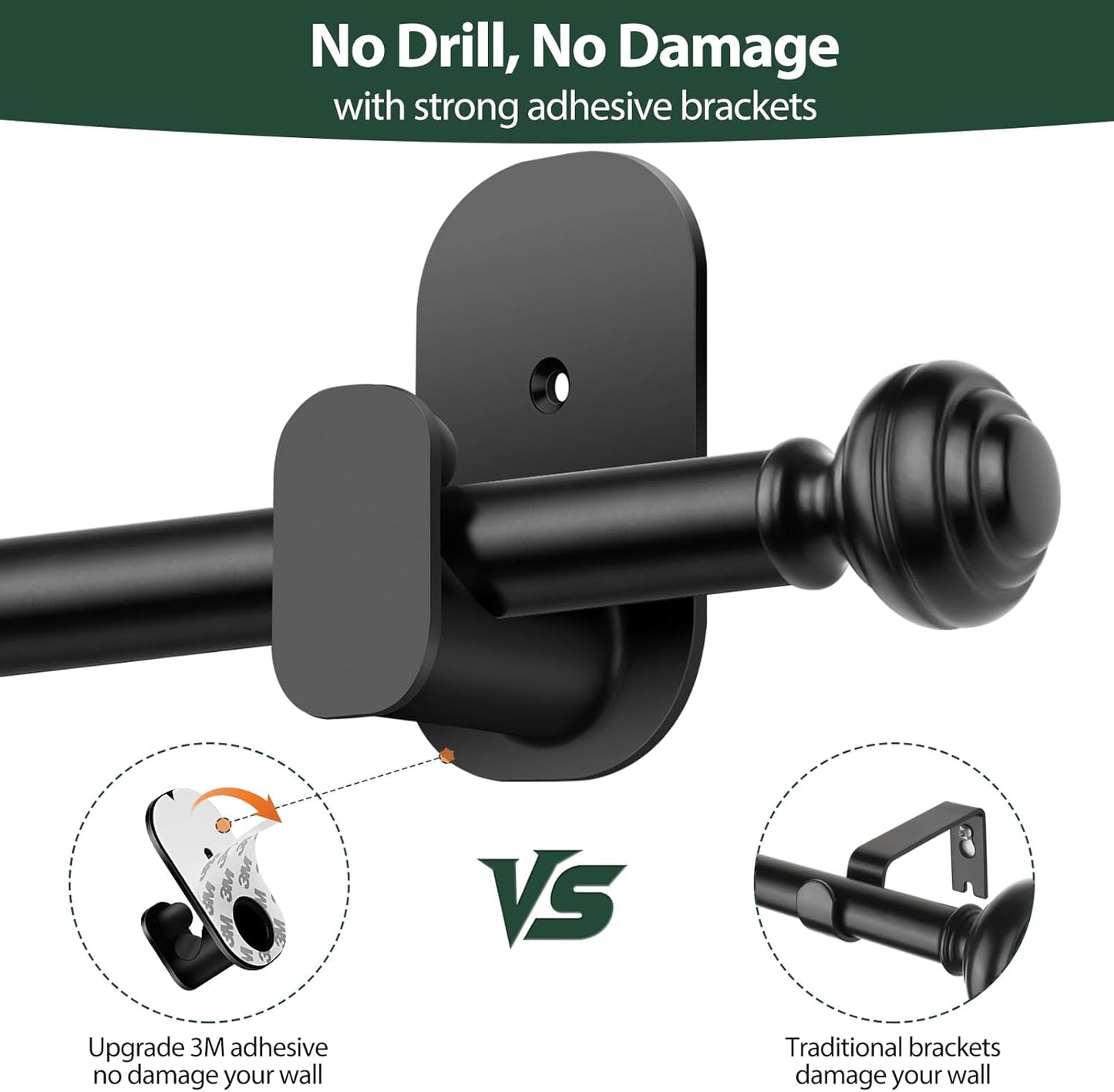 KAMANINA Curtain Rods No Drilling for Windows 32 to 86 Inches, Black | Renter Friendly, Easy Tool-Free Install, 5/8" Adjustable Drapery Rod, for Apartment, Dorm, Door, RVs, 3M Adhesive Brackets