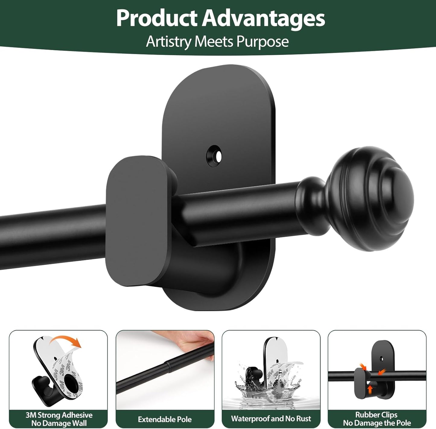 KAMANINA Curtain Rods No Drilling for Windows 32 to 86 Inches, 5/8 Inch Adjustable Renter Friendly Curain Rod with 3M Adhesive Brackets, Black