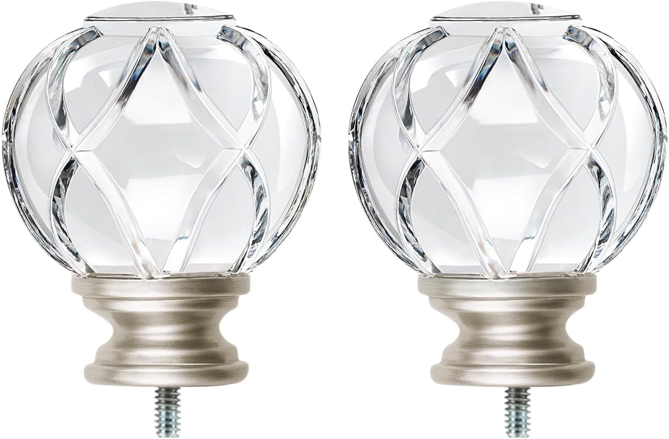 KAMANINA Crystal Netted Texture Replacement Finials for 1 or 7/8 Inch Curtain Rods, Sliver Drapery Rod Ends with M6 Standard Screws, Set of 2