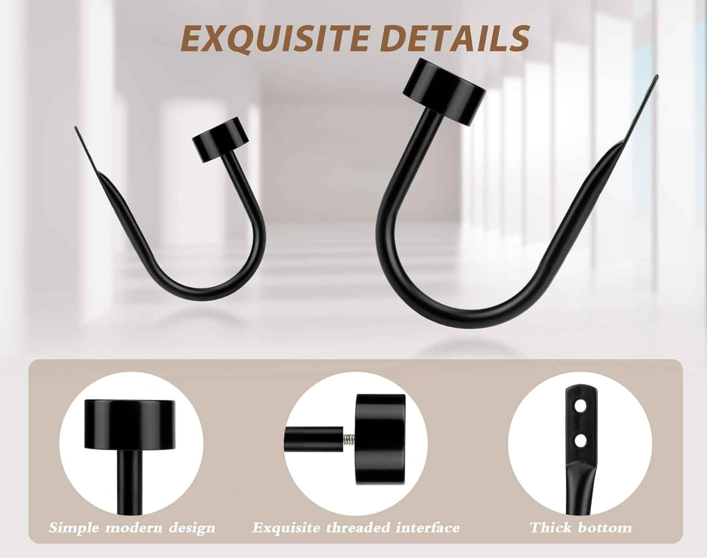 KAMANINA Curtain Holdbacks for Wall, Black Curtain Tiebacks Wall Mounted, Curtain Hooks Holders for Drapes, Modern Cap Finials (2 Pack)