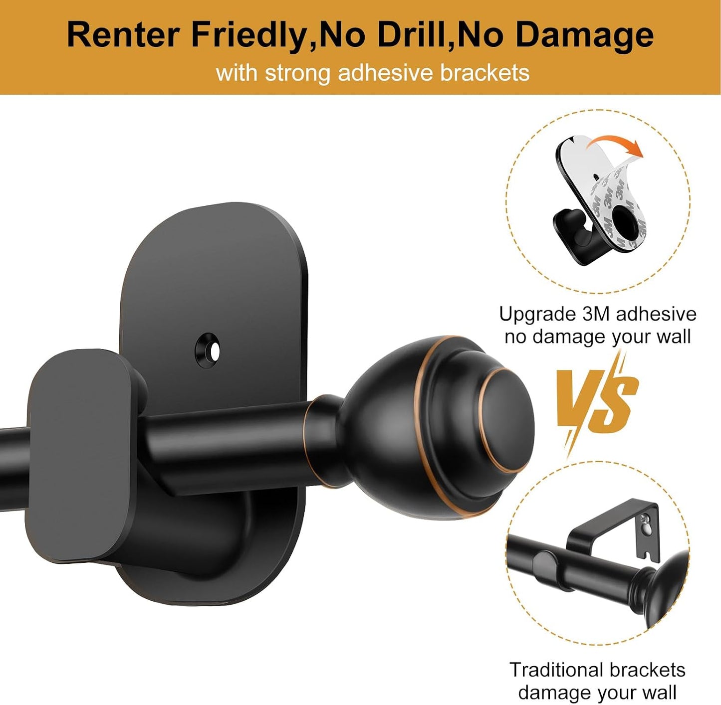 KAMANINA Curtain Rods No Drilling for Windows 16 to 30 Inch Renter Friendly | 5/8 Inch Diameter, Black, Adjustable Small Curtain Rod, 3M Adhesive Brackets without Drilling, No Screw, Easy Install