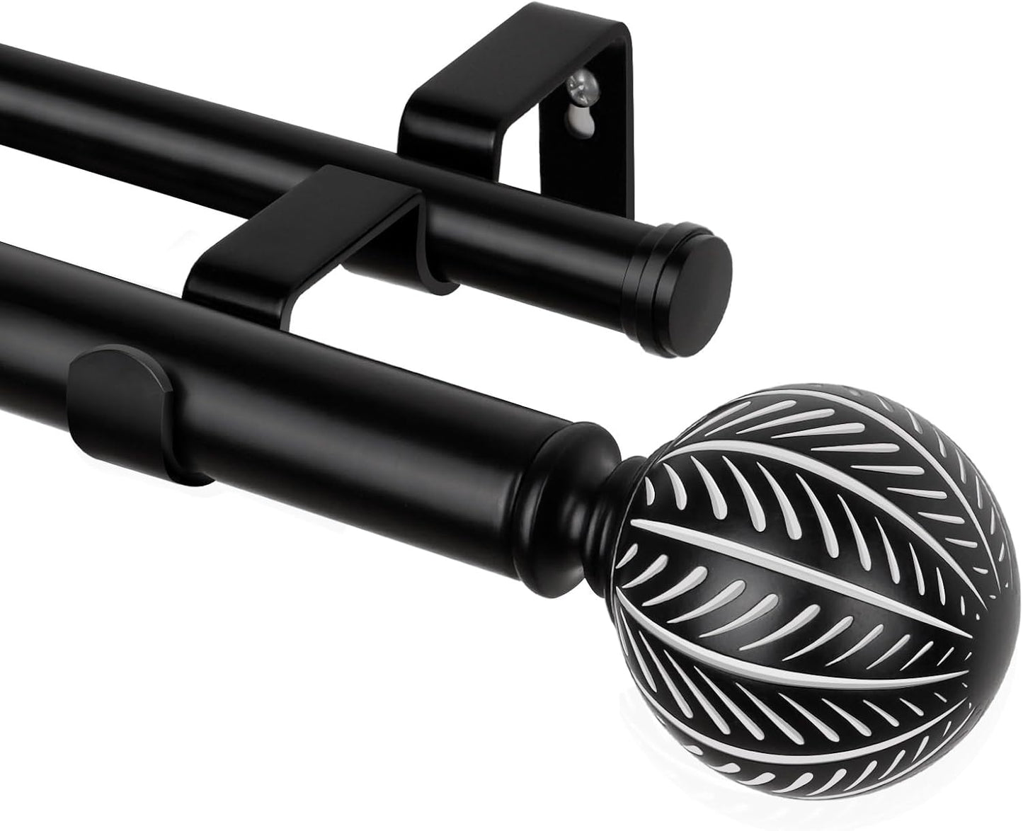KAMANINA 1 Inch Wood Double Curtain Rods for Windows 66 to 120 Inches (5.5-10 Feet), Heavy Duty Decorative Curtain Rods, Wooden Drapery Rods with Leaf Pattern Finials, Wood Grain