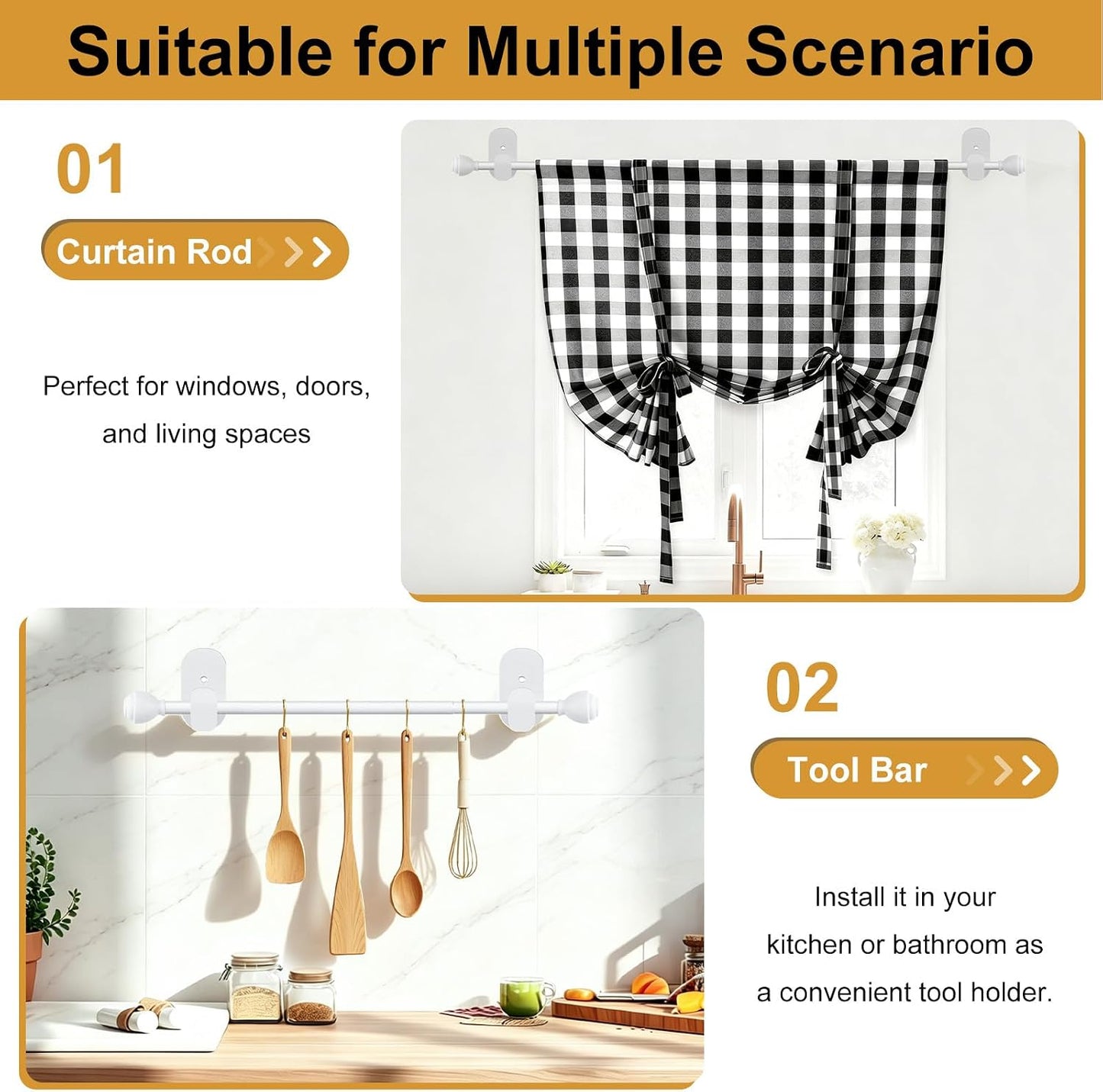 KAMANINA Curtain Rods No Drilling for Windows 32 to 86 Inches White | 5/8 Inch Diameter, Renter Friendly, Adjustable Curtain Rod for Door, 3M Adhesive Bracket No Drill, No Screw, Easy Install