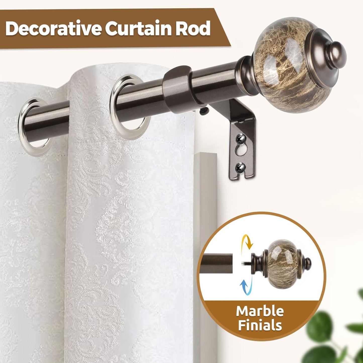 KAMANINA 1 Inch Curtain Rods 32 to 58 Inches (2.6-4.8ft), Antique Bronze Single Curtain Rod for Windows, Decorative Drapery Rod with Marble End