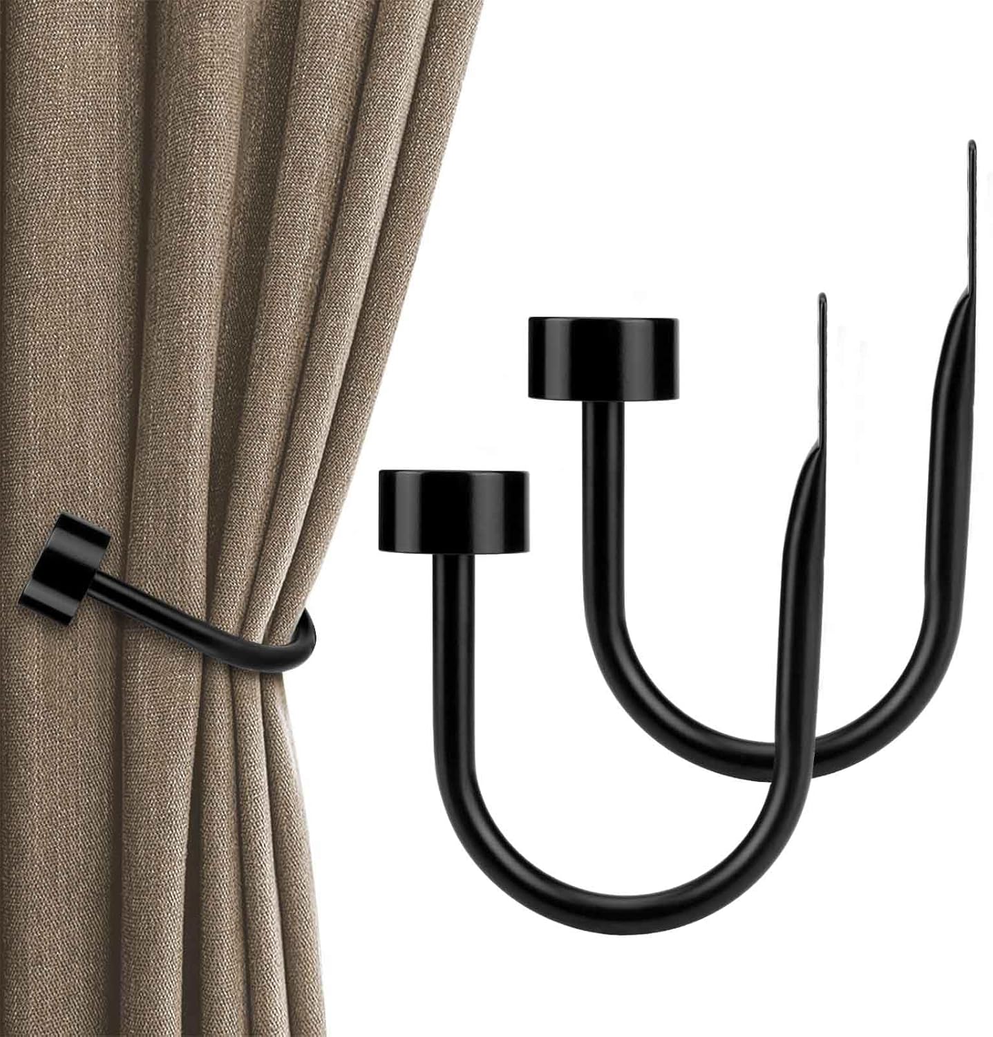 KAMANINA Curtain Holdbacks for Wall, Black Curtain Tiebacks Wall Mounted, Curtain Hooks Holders for Drapes, Modern Cap Finials (2 Pack)