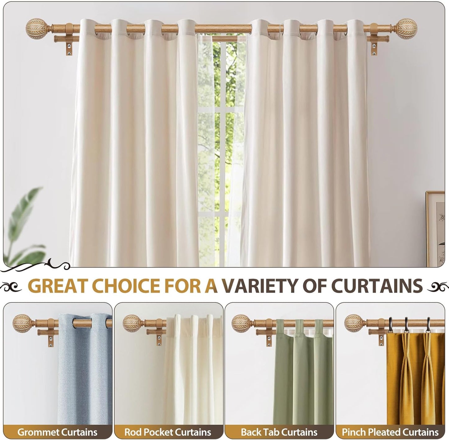 KAMANINA 1 Inch Wood Double Curtain Rods for Windows 66 to 120 Inches (5.5-10 Feet), Heavy Duty Decorative Curtain Rods, Wooden Drapery Rods with Leaf Pattern Finials, Wood Grain