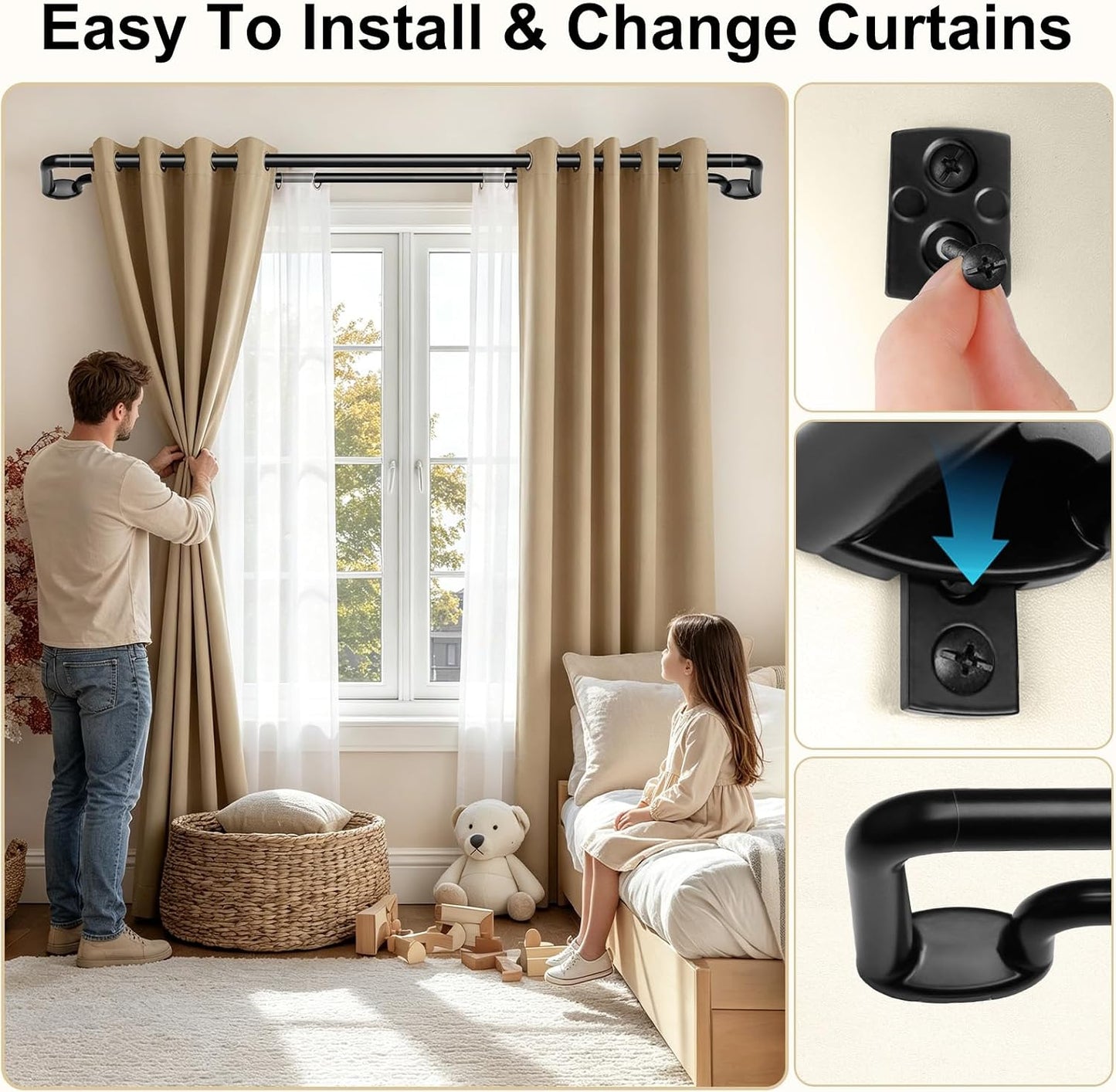 Black Double Curtain Rods 32 to 58 Inches, KAMANINA Blackout Double Curtain Rods for Windows 20 to 54 Inches (1.6-4.5 ft), 6/8 Inches Wrap Around Room Darkening Telescoping Drapery Rod