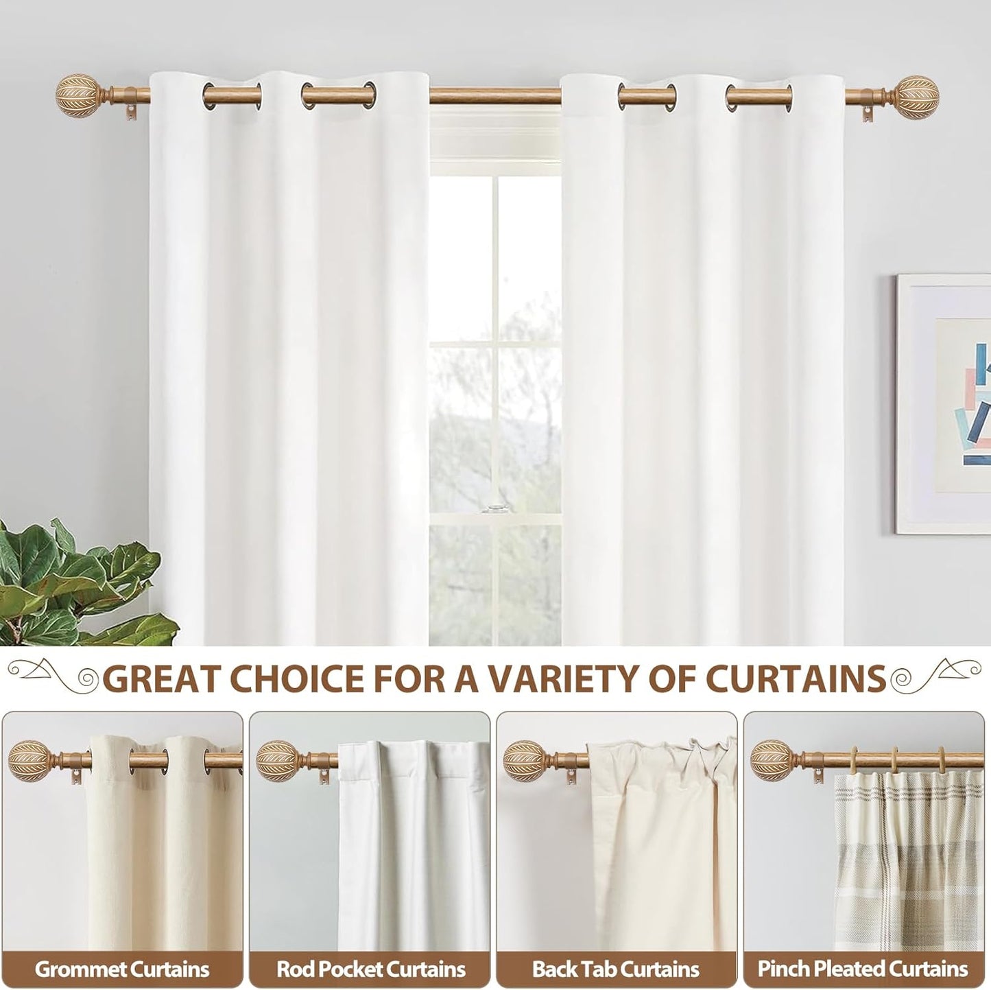 KAMANINA Wood Curtain Rods for Windows 48 to 84 Inch(4-7ft), 1 Inch Adjustable Drapery Rod, Decorative Heavy Duty Curtain Rods with Leaf Pattern Finials, Wood Grain
