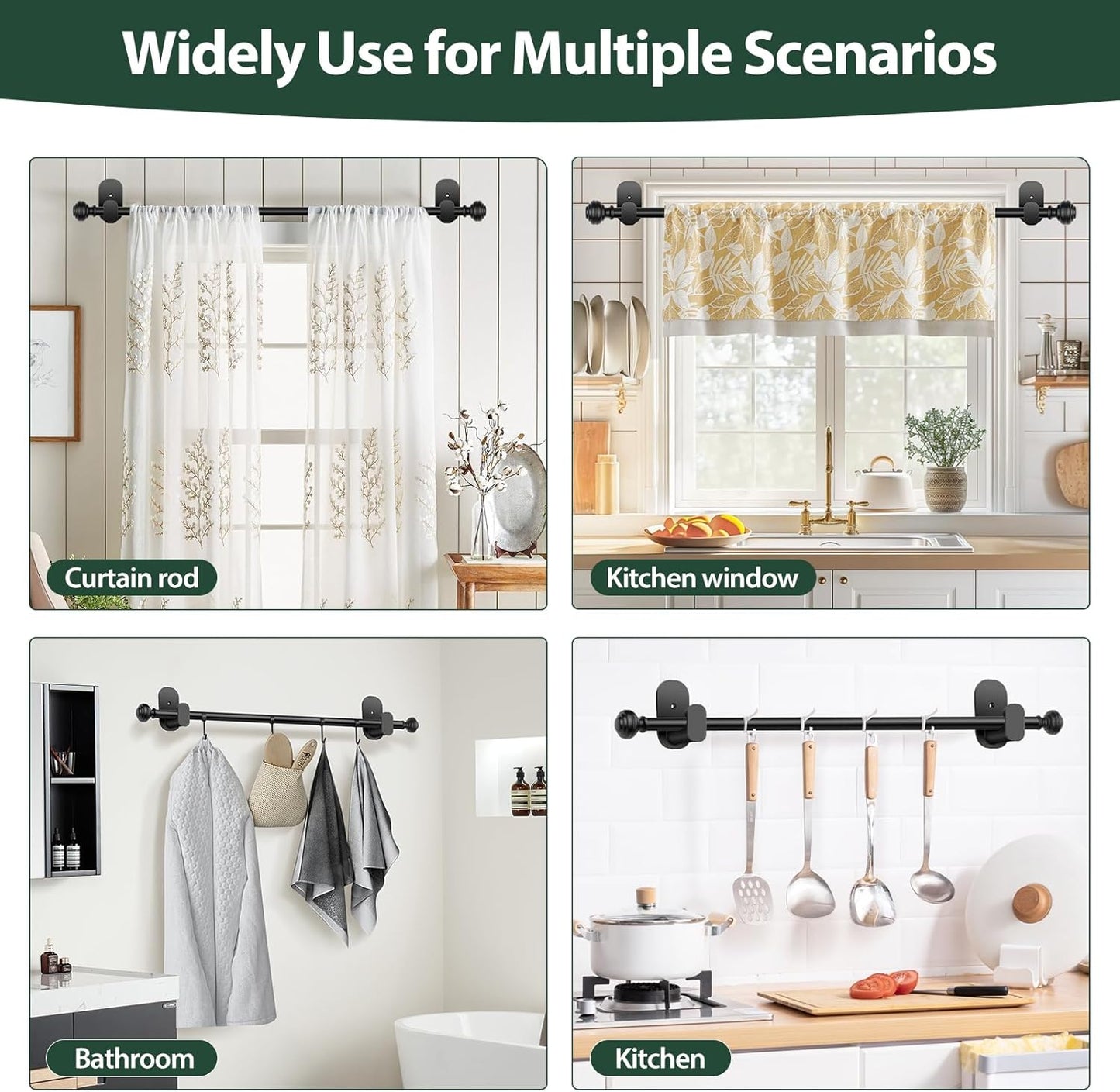 KAMANINA Curtain Rods No Drilling for Windows 32 to 86 Inches, Black | Renter Friendly, Easy Tool-Free Install, 5/8" Adjustable Drapery Rod, for Apartment, Dorm, Door, RVs, 3M Adhesive Brackets