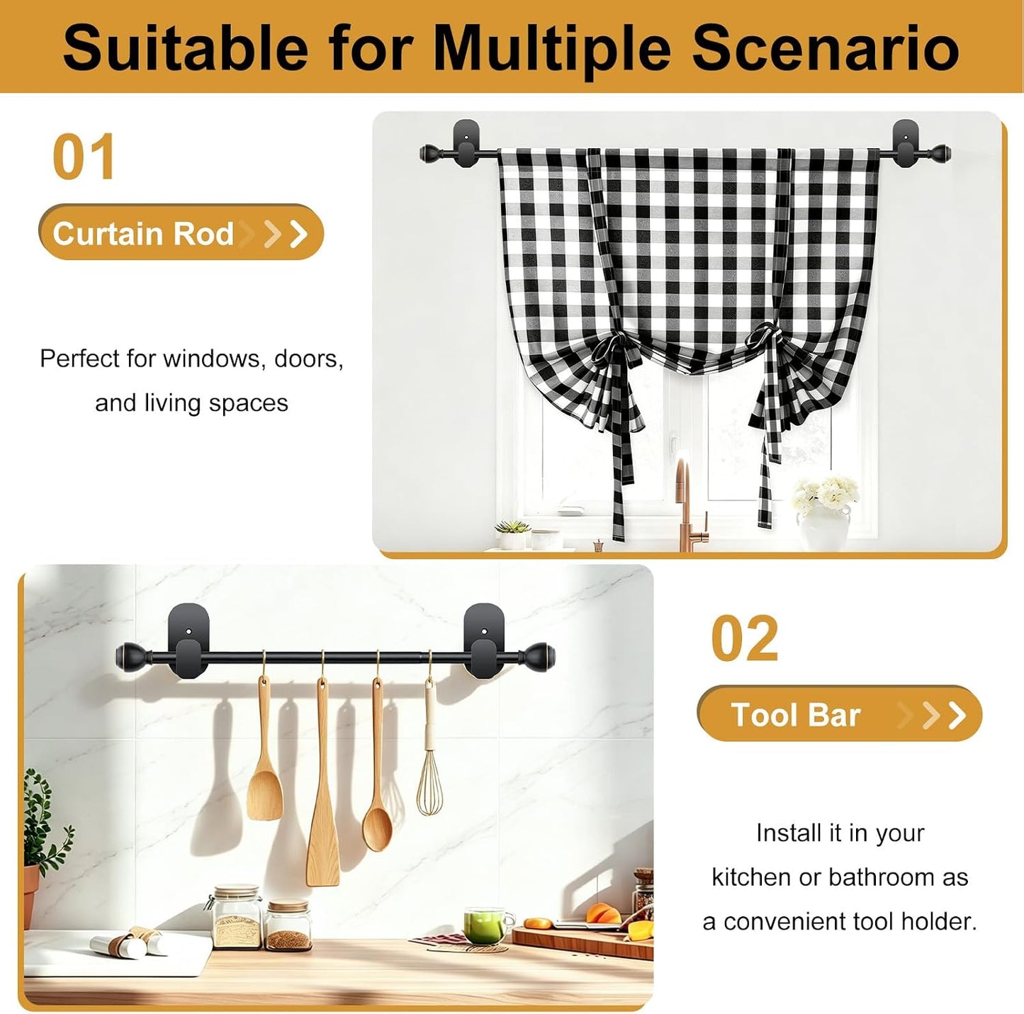 KAMANINA Curtain Rods No Drilling for Windows 16 to 30 Inch Renter Friendly | 5/8 Inch Diameter, Black, Adjustable Small Curtain Rod, 3M Adhesive Brackets without Drilling, No Screw, Easy Install