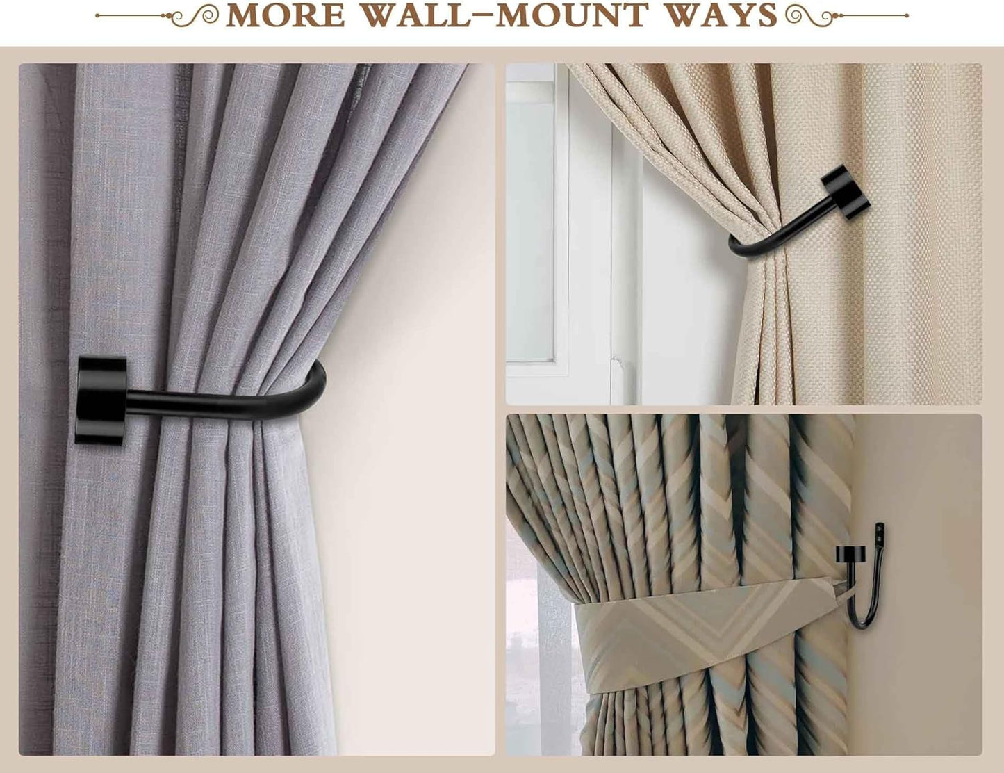 KAMANINA Curtain Holdbacks for Wall, Black Curtain Tiebacks Wall Mounted, Curtain Hooks Holders for Drapes, Modern Cap Finials (2 Pack)