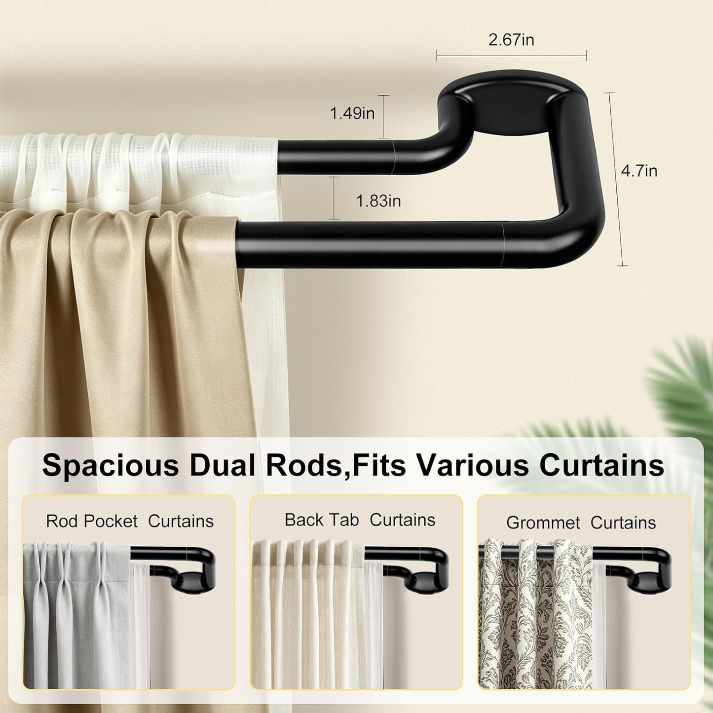 Black Double Curtain Rods 32 to 58 Inches, KAMANINA Blackout Double Curtain Rods for Windows 20 to 54 Inches (1.6-4.5 ft), 6/8 Inches Wrap Around Room Darkening Telescoping Drapery Rod