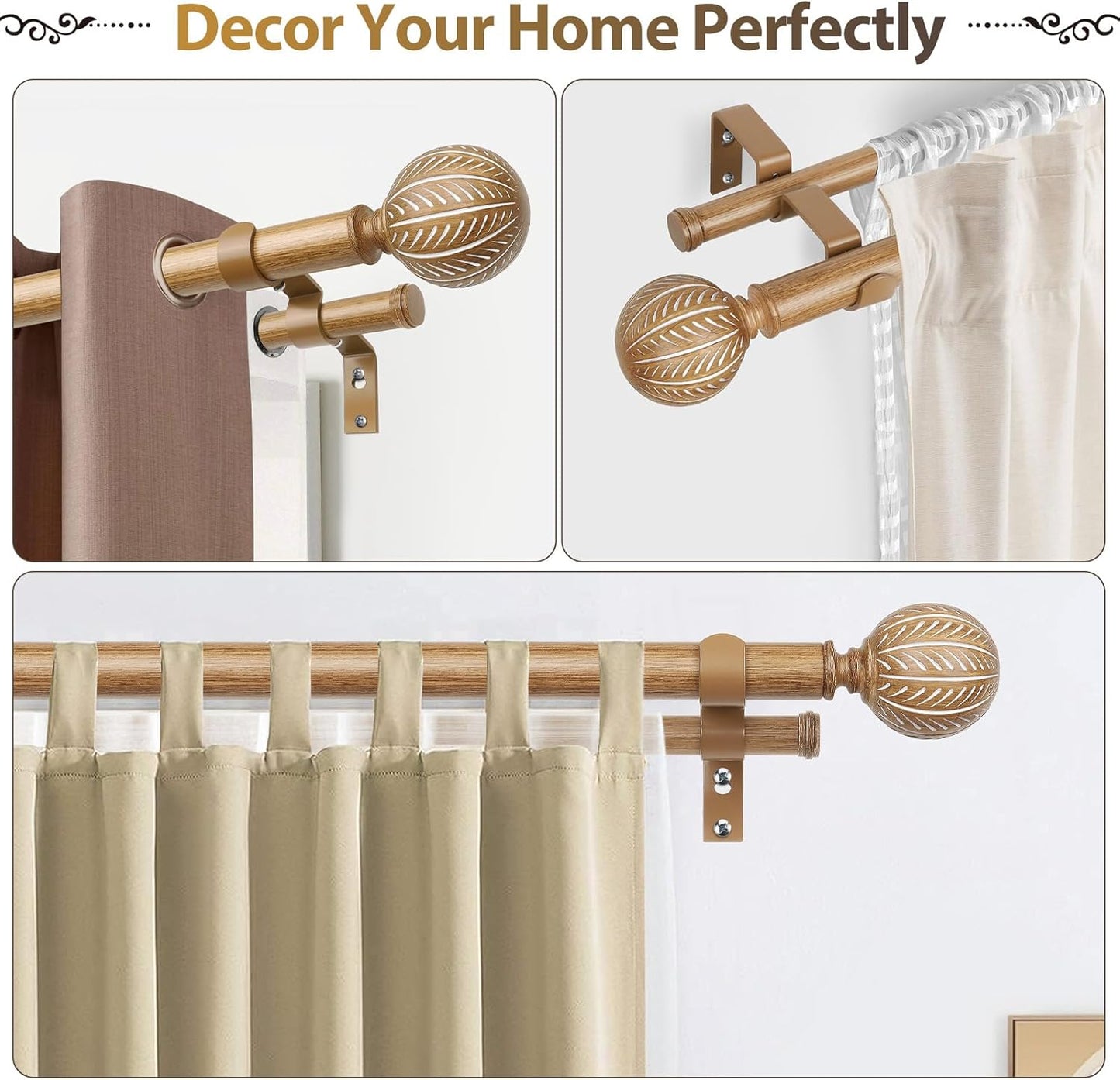 KAMANINA 1 Inch Wood Double Curtain Rods for Windows 66 to 120 Inches (5.5-10 Feet), Heavy Duty Decorative Curtain Rods, Wooden Drapery Rods with Leaf Pattern Finials, Wood Grain
