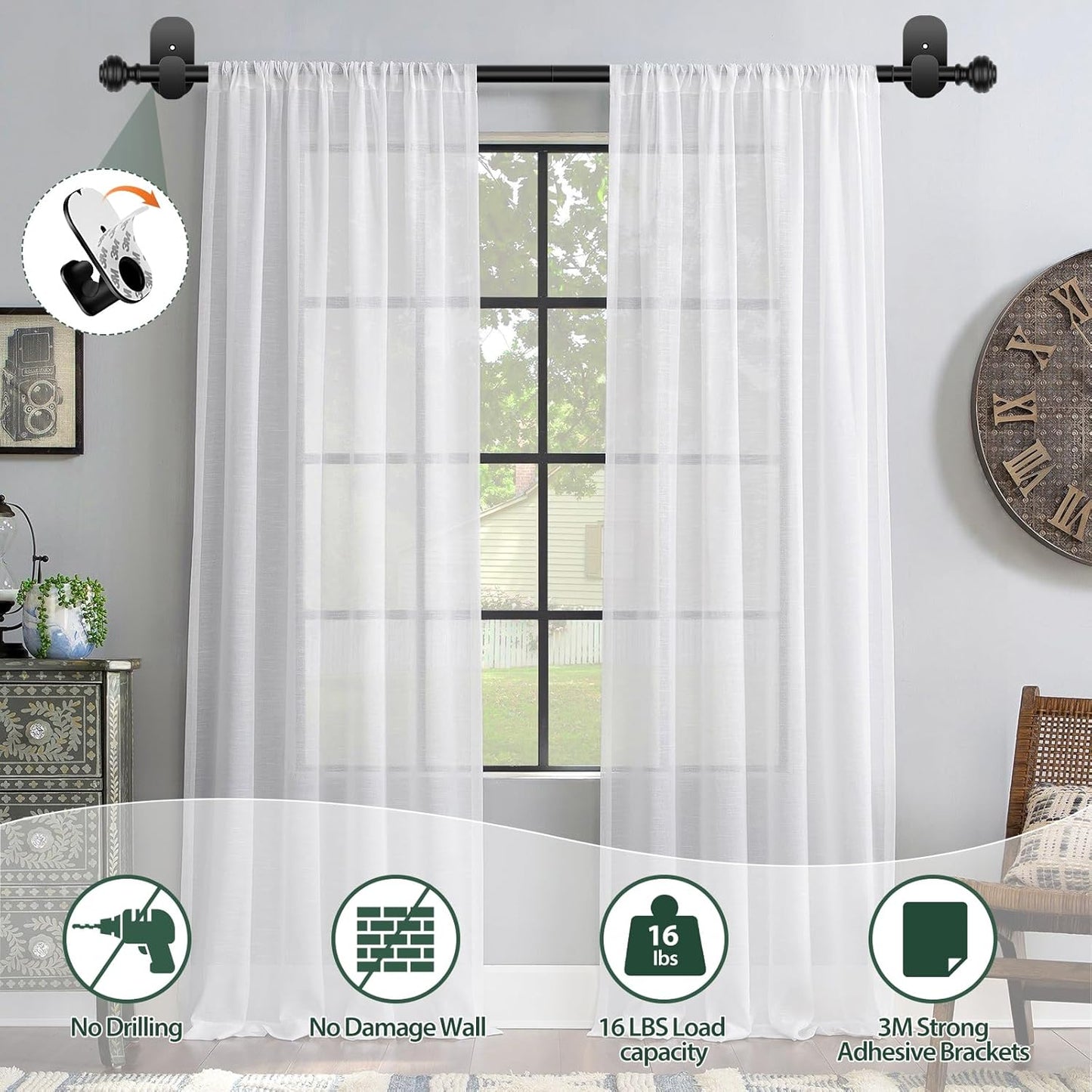 KAMANINA Curtain Rods No Drilling for Windows 32 to 86 Inches, Black | Renter Friendly, Easy Tool-Free Install, 5/8" Adjustable Drapery Rod, for Apartment, Dorm, Door, RVs, 3M Adhesive Brackets