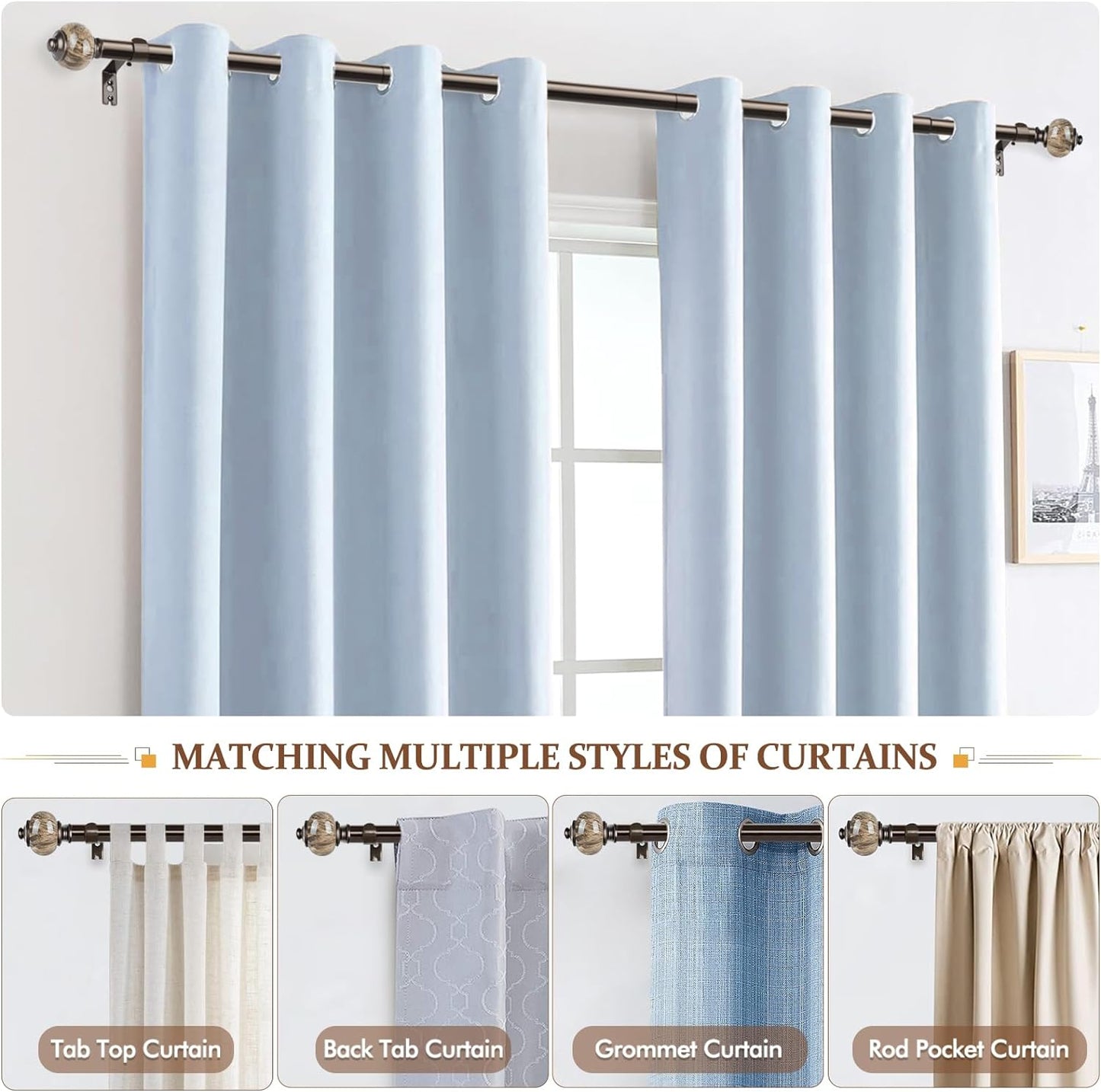 KAMANINA 1 Inch Curtain Rods 32 to 58 Inches (2.6-4.8ft), Antique Bronze Single Curtain Rod for Windows, Decorative Drapery Rod with Marble End