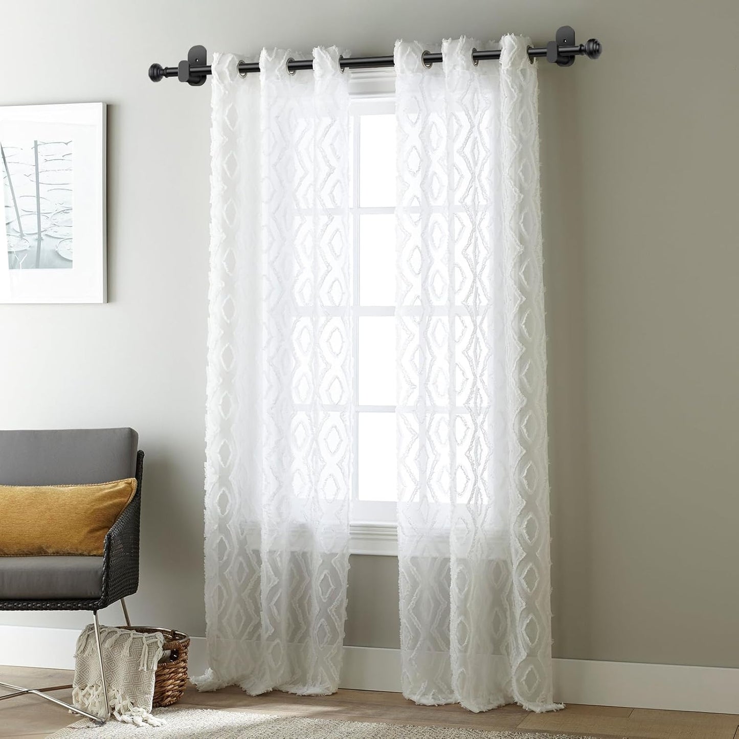 KAMANINA Curtain Rods No Drilling for Windows 32 to 86 Inches, Black | Renter Friendly, Easy Tool-Free Install, 5/8" Adjustable Drapery Rod, for Apartment, Dorm, Door, RVs, 3M Adhesive Brackets