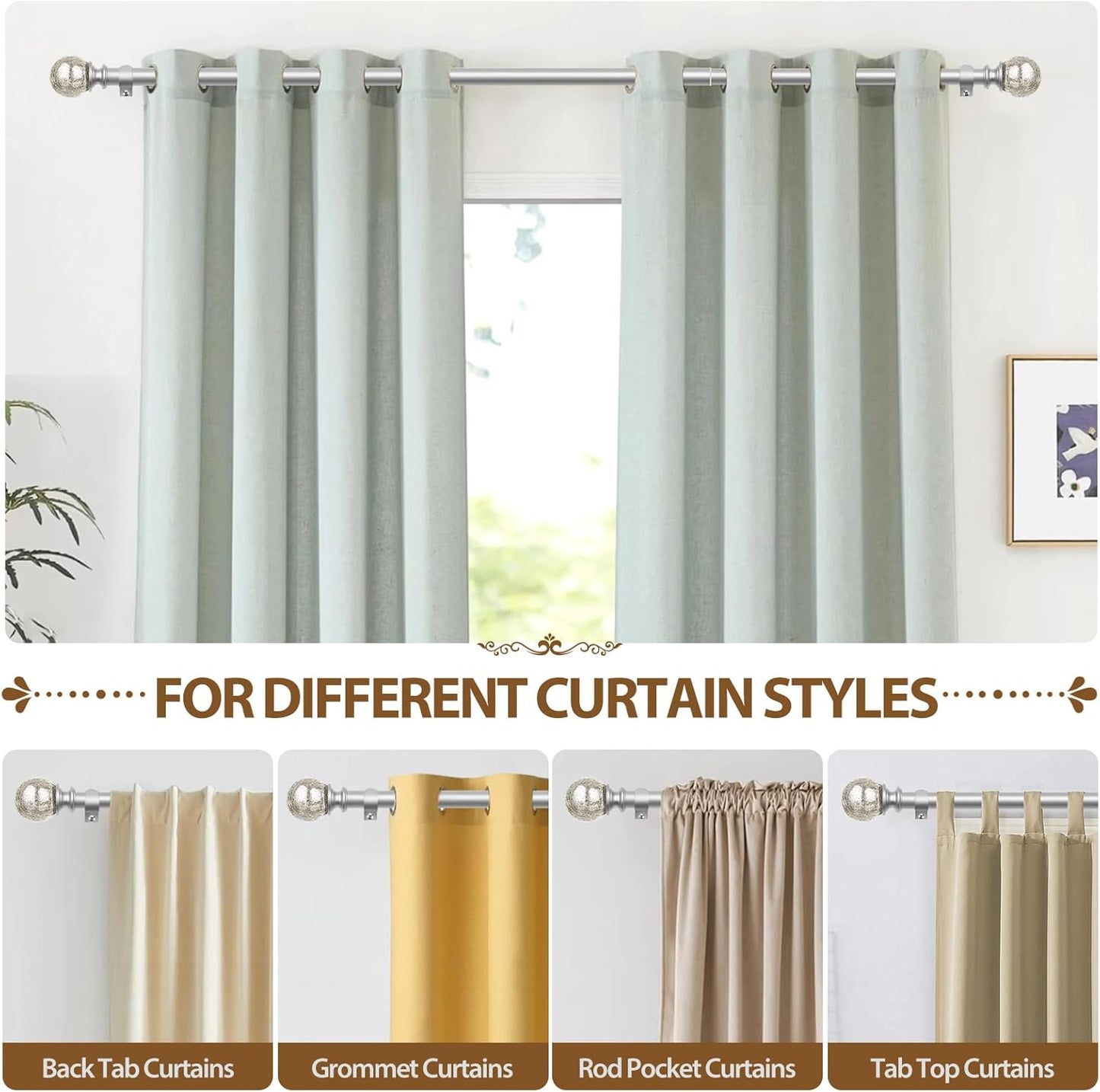 KAMANINA Silver Curtain Rods 32 to 58 Inches (2.6-4.8ft), 7/8 Inch Adjustable Curtain Rod for Windows 28 to 48 Inches, Decorative Curtain Rods with Crackle Glass Finials