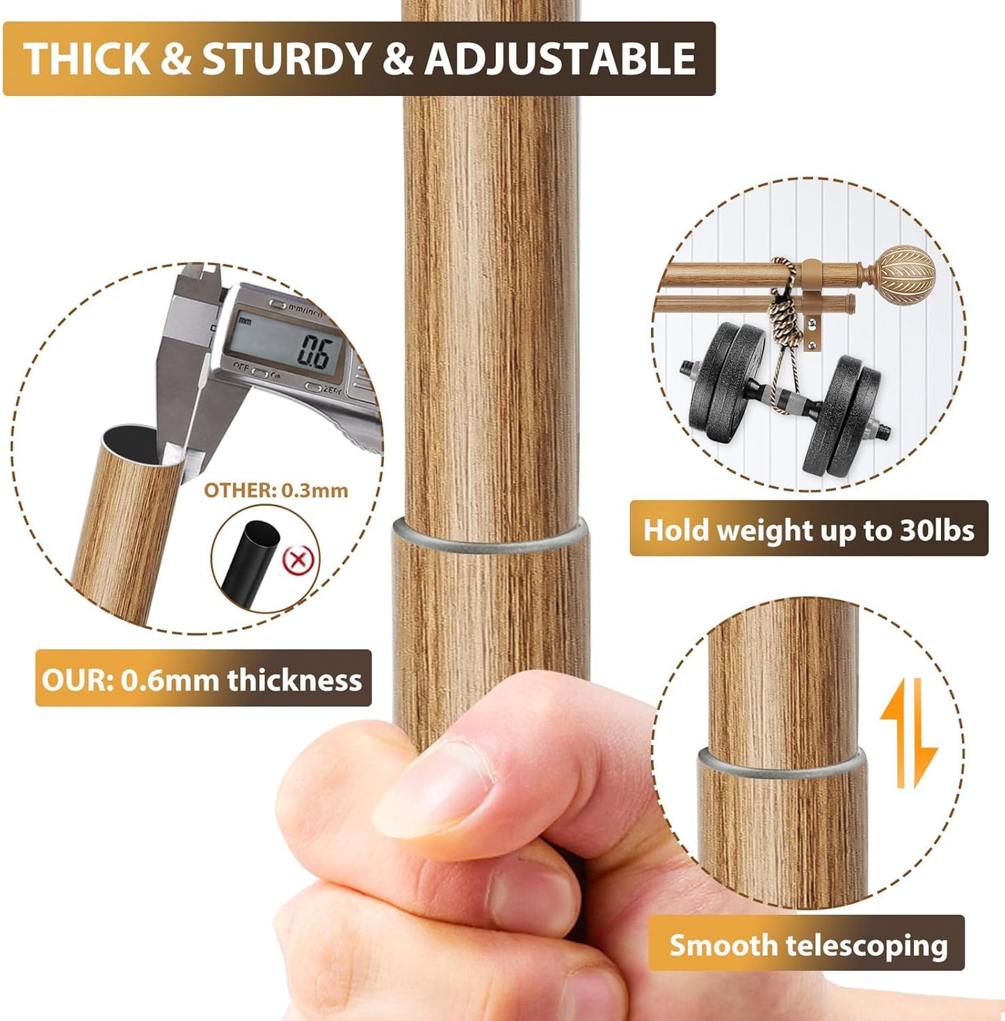 KAMANINA 1 Inch Wood Double Curtain Rods for Windows 66 to 120 Inches (5.5-10 Feet), Heavy Duty Decorative Curtain Rods, Wooden Drapery Rods with Leaf Pattern Finials, Wood Grain