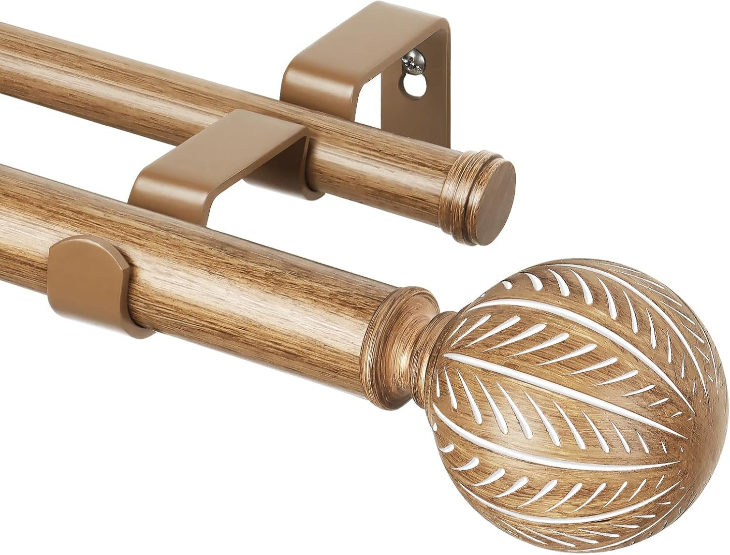 KAMANINA 1 Inch Wood Double Curtain Rods for Windows 66 to 120 Inches (5.5-10 Feet), Heavy Duty Decorative Curtain Rods, Wooden Drapery Rods with Leaf Pattern Finials, Wood Grain