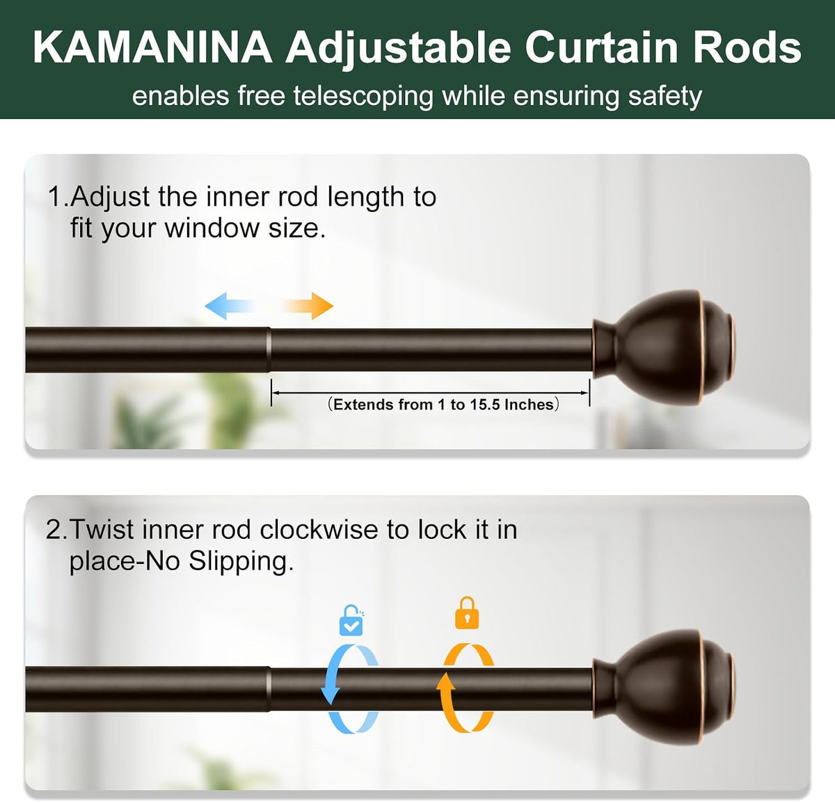 KAMANINA Curtain Rods No Drilling for Renter, 16-30 Inches, Bronze