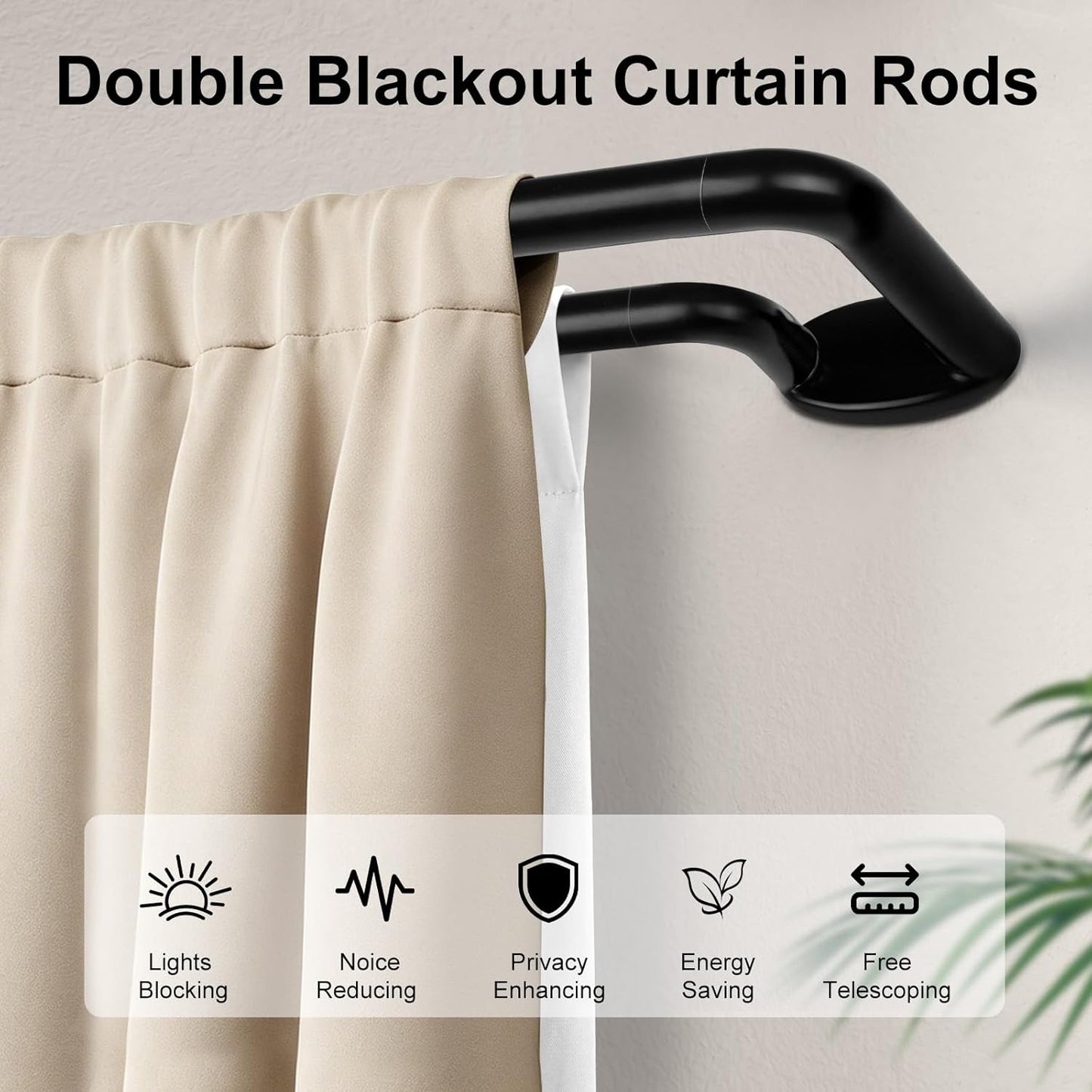 Black Double Curtain Rods 32 to 58 Inches, KAMANINA Blackout Double Curtain Rods for Windows 20 to 54 Inches (1.6-4.5 ft), 6/8 Inches Wrap Around Room Darkening Telescoping Drapery Rod