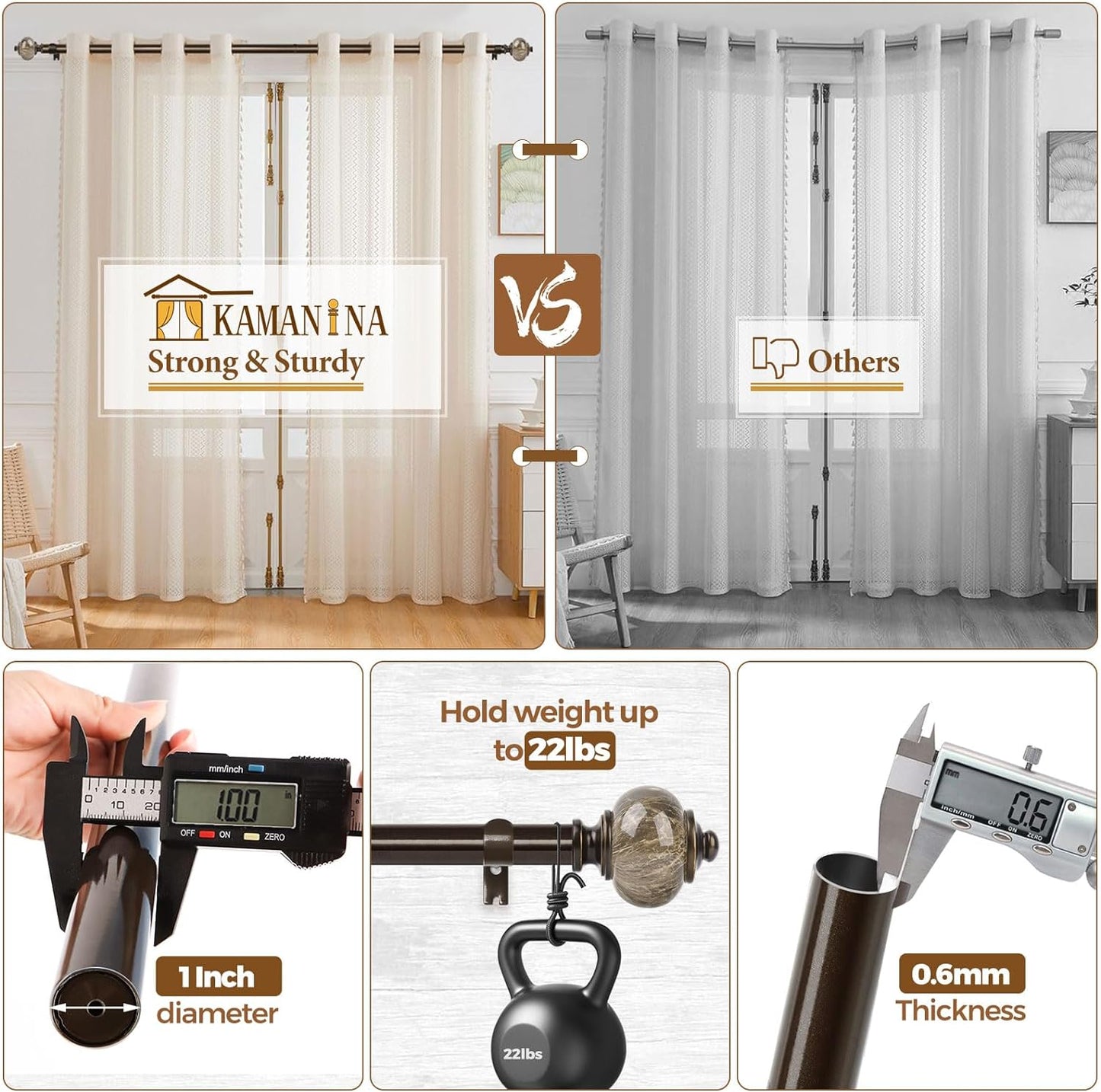 KAMANINA 1 Inch Curtain Rods 32 to 58 Inches (2.6-4.8ft), Antique Bronze Single Curtain Rod for Windows, Decorative Drapery Rod with Marble End