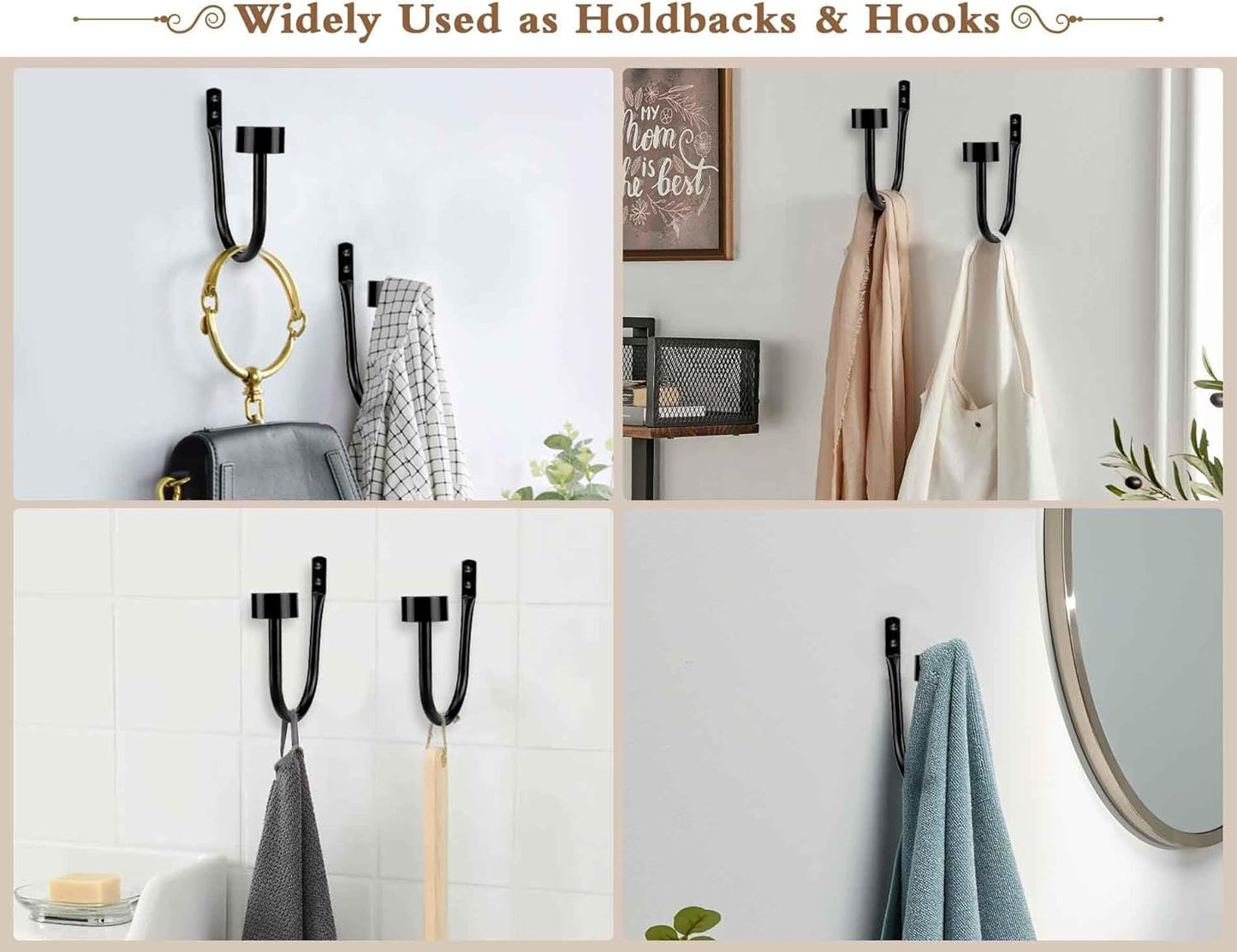 KAMANINA Curtain Holdbacks for Wall, Black Curtain Tiebacks Wall Mounted, Curtain Hooks Holders for Drapes, Modern Cap Finials (2 Pack)