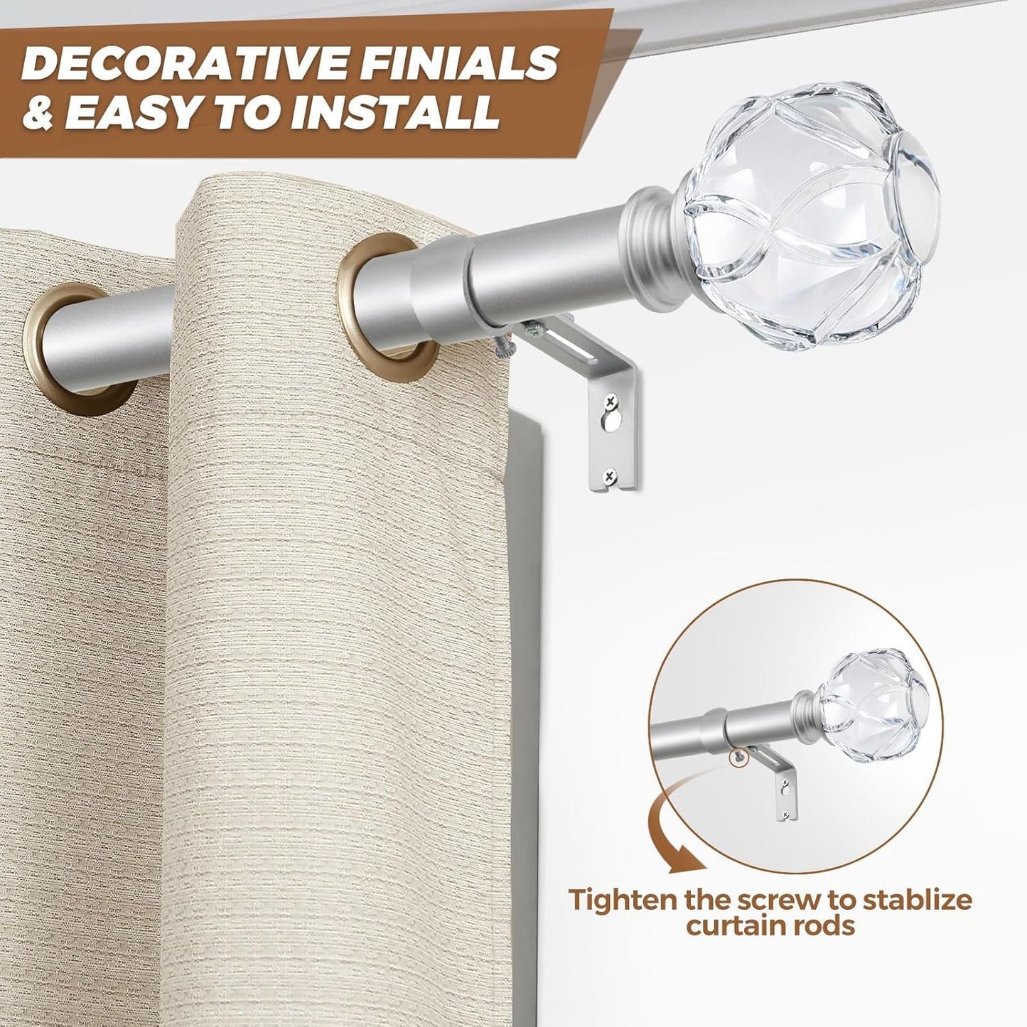 KAMANINA Crystal Netted Texture Replacement Finials for 1 or 7/8 Inch Curtain Rods, Sliver Drapery Rod Ends with M6 Standard Screws, Set of 2
