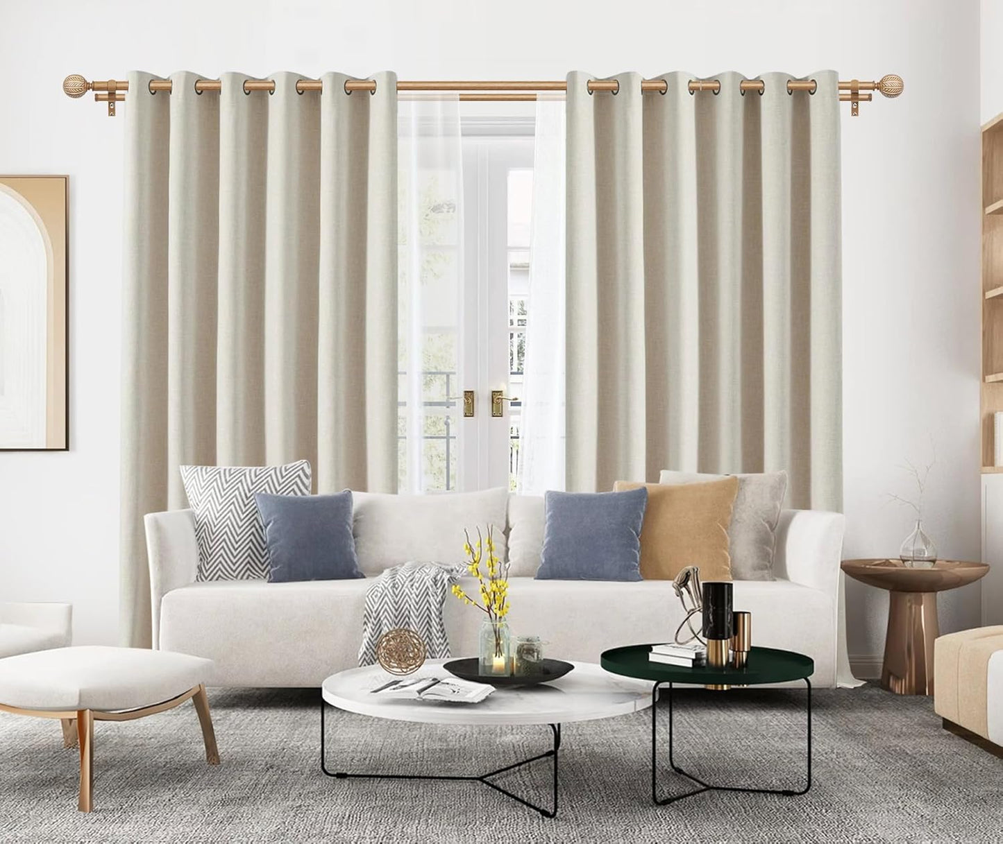 KAMANINA 1 Inch Wood Double Curtain Rods for Windows 66 to 120 Inches (5.5-10 Feet), Heavy Duty Decorative Curtain Rods, Wooden Drapery Rods with Leaf Pattern Finials, Wood Grain