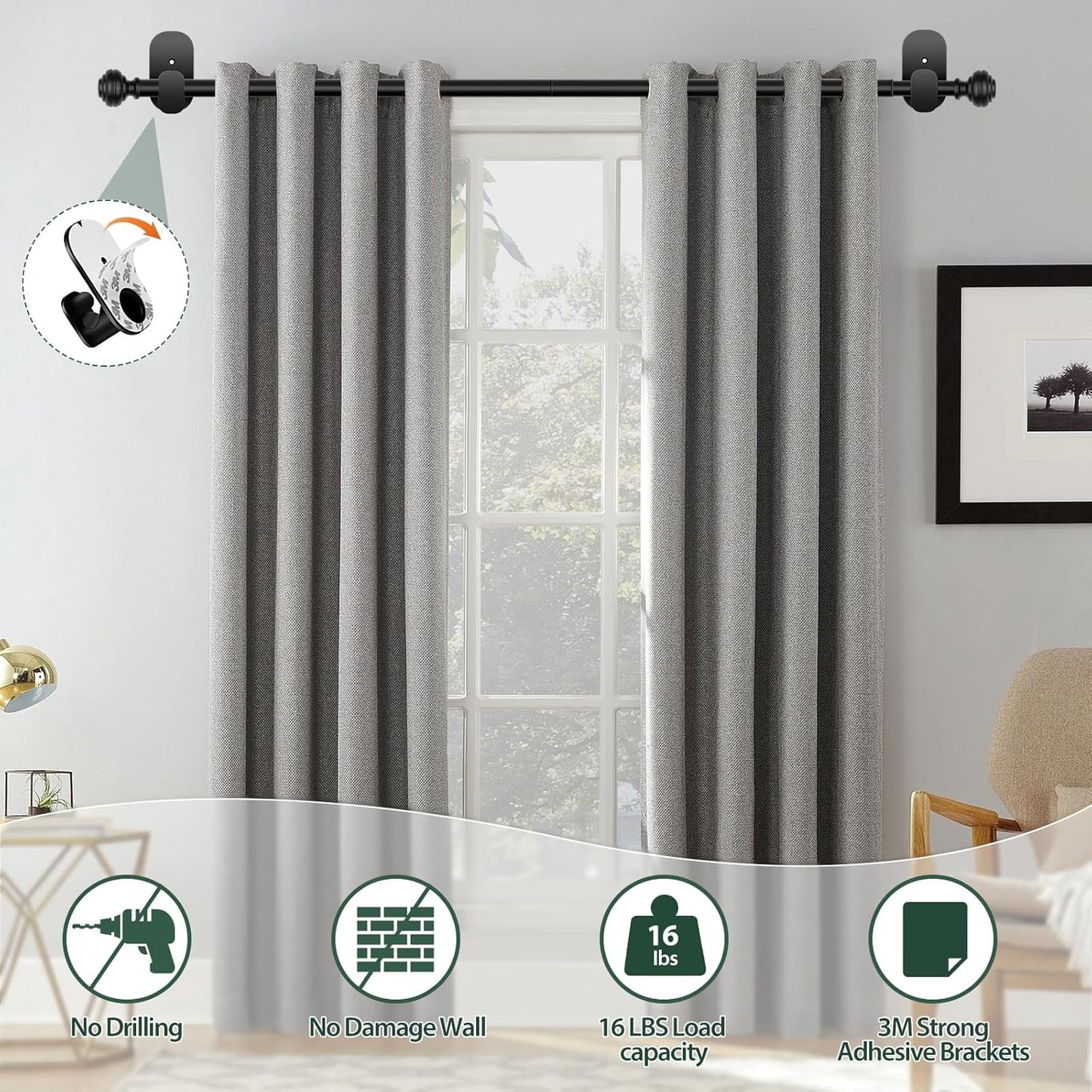 KAMANINA Curtain Rods No Drilling for Windows 32 to 86 Inches, 5/8 Inch Adjustable Renter Friendly Curain Rod with 3M Adhesive Brackets, Black